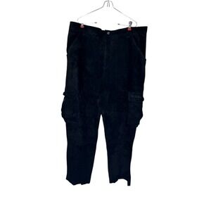 GSL Men's Pants Suede Leather Utility Cargo Trouser Straight Hi-Rise Black 40